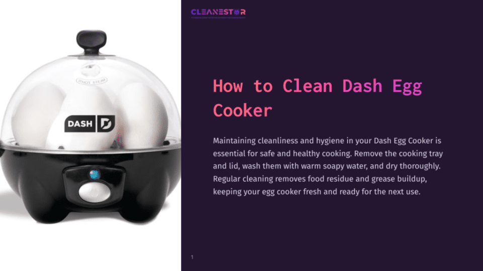 A Dash Egg Cooker With Three White Eggs Inside, Set Against A Contrasting Purple Background With Cleaning Instructions Beside It.