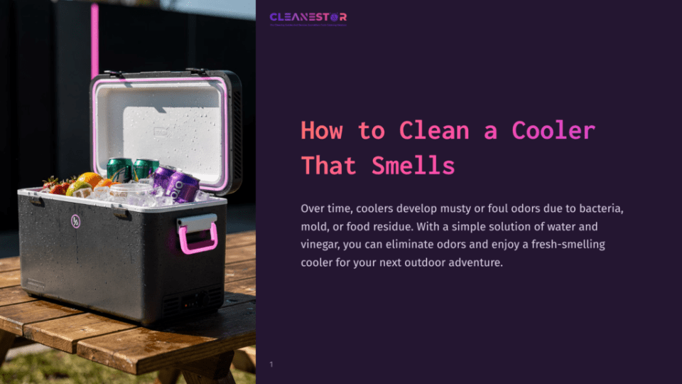 1 How To Clean A Cooler That Smells Cooler Filled With Drinks On A Wooden Table, Background Features A Dark Fence And Bright Pink Accents, Creating A Clean, Outdoor Setting.