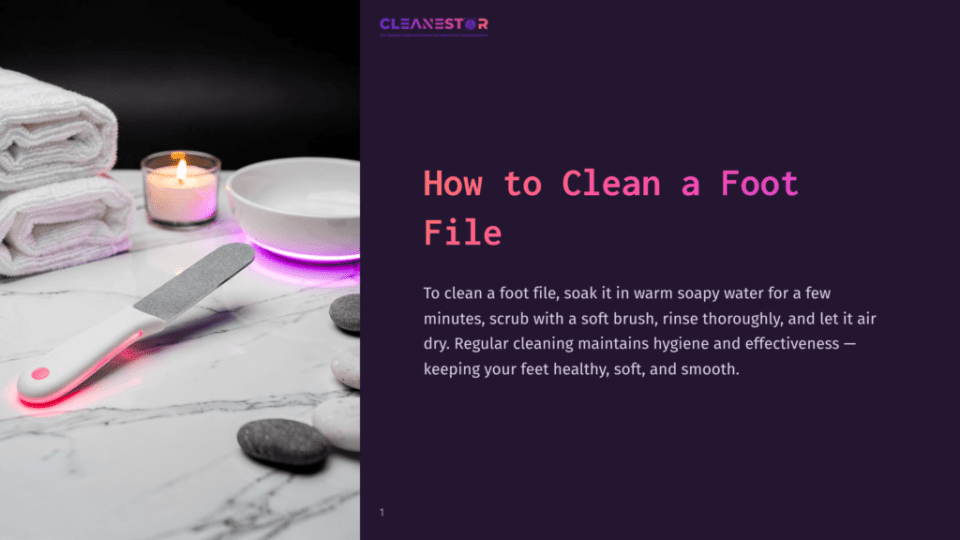 1 How To Clean A Foot File Foot File Resting On A Marble Surface With Smooth Stones And Stacked Towels; A Lit Candle Adds Ambiance With Soft Purple Light.