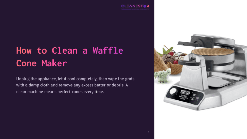 1 How To Clean A Waffle Cone Maker Waffle Cone Maker With A Silver Base, Black Control Panel, And Surrounding Ingredients Like Fruits And Cones On A Dark Purple Background.