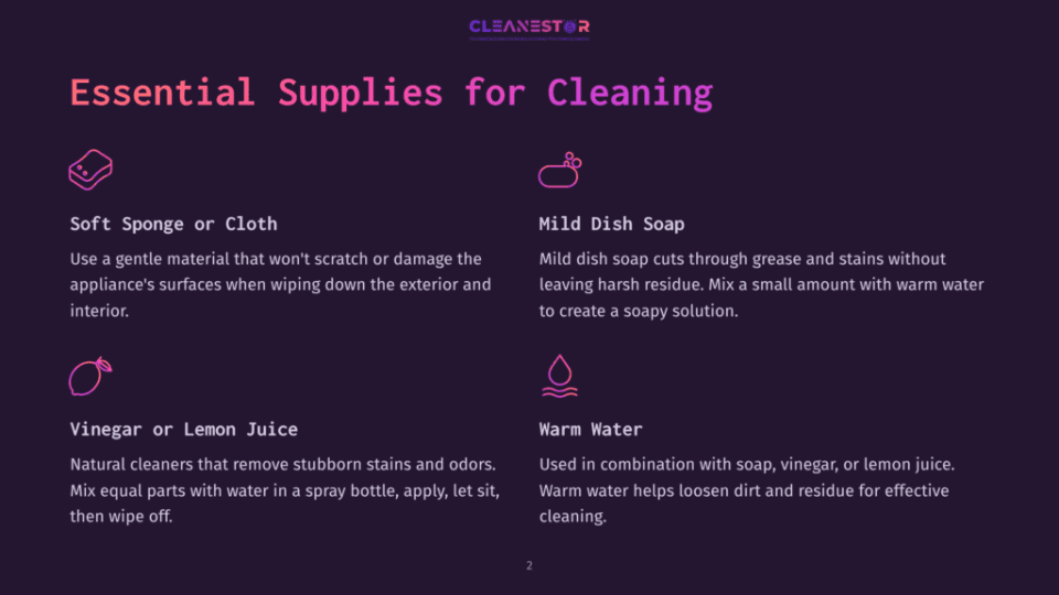 Supplies For Cleaning: Soft Sponge, Mild Dish Soap, Vinegar Or Lemon Juice, And Warm Water, Arranged With Headings In A Vibrant Layout.