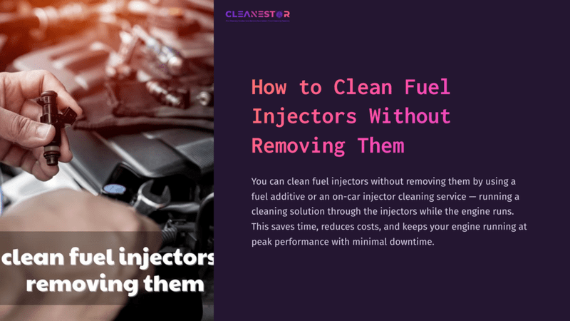 1 How To Clean Fuel Injectors Without Removing Them A Close-Up Of A Personโs Hand Working With A Fuel Injector, With A Blurred Car Engine In The Background, Featuring A Dark Purple Layout.