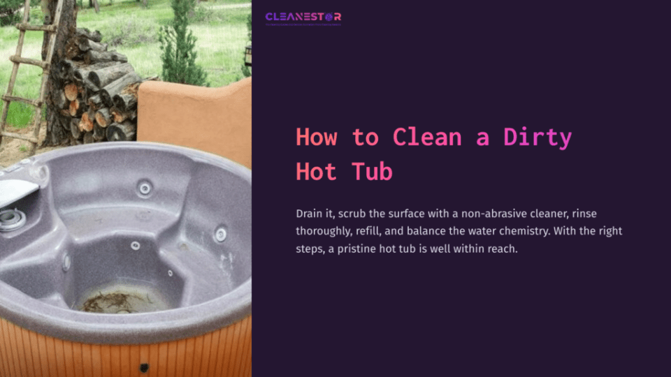 1 How To Clean A Dirty Hot Tub A Dirty Hot Tub Sits Outdoors, Surrounded By Greenery, With A Wooden Exterior And A Gray Interior, Ready For Cleaning.
