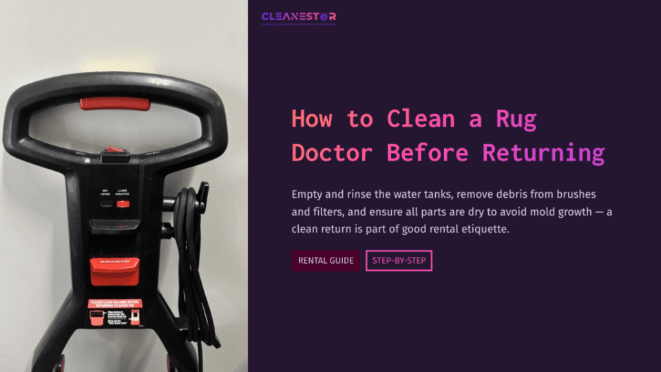Rug Doctor Cleaning Machine With A Black Handle, Featured Against A Purple Background, Alongside Cleaning Instructions And Tips.