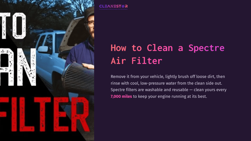 A Person Lightly Brushes A Large, Dirty Air Filter Beside A Vehicle, With Text Highlighting Cleaning Steps And Tips Prominently Displayed.