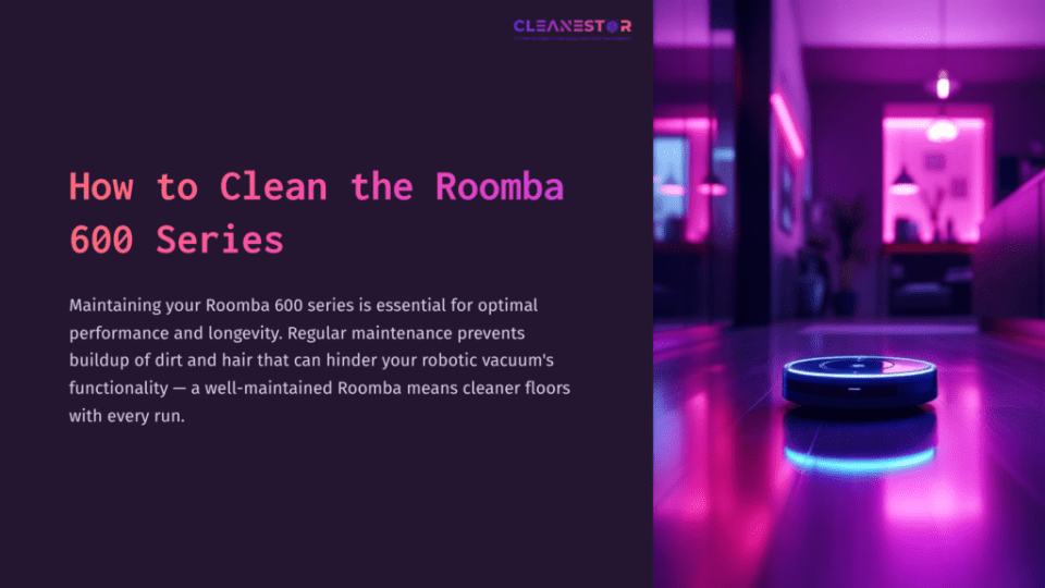 1 How To Clean The Roomba 600 Series Roomba Vacuum On A Dimly Lit Surface, Surrounded By Purple And Pink Lighting, With Helpful Text About Cleaning Maintenance.