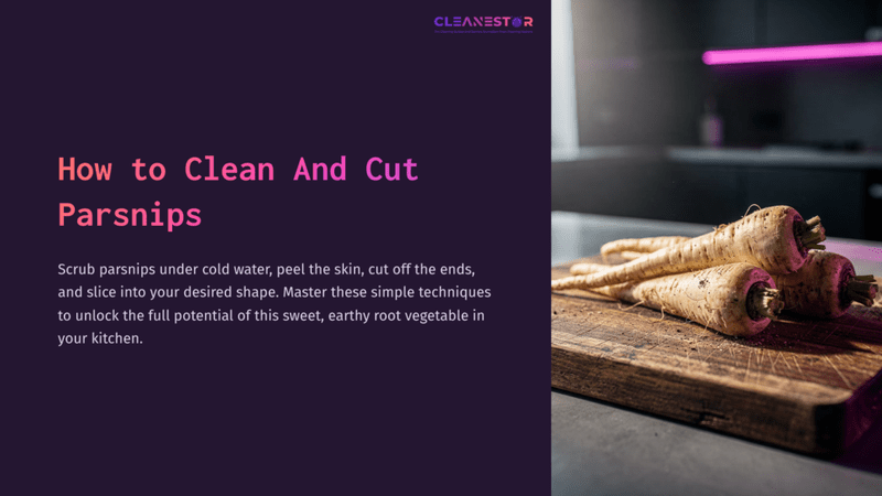 1 How To Clean And Cut Parsnips 1 Parsnips Laid On A Wooden Cutting Board, With A Modern Kitchen Backdrop Featuring A Pink-Lit Countertop.