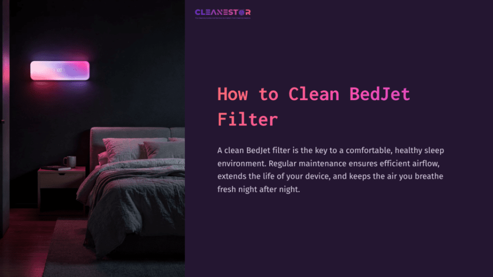 A Cozy Bedroom With A Neatly Made Bed, Bedside Table, And A Glowing Bedjet Unit On The Wall, Set Against A Dark Purple Background.