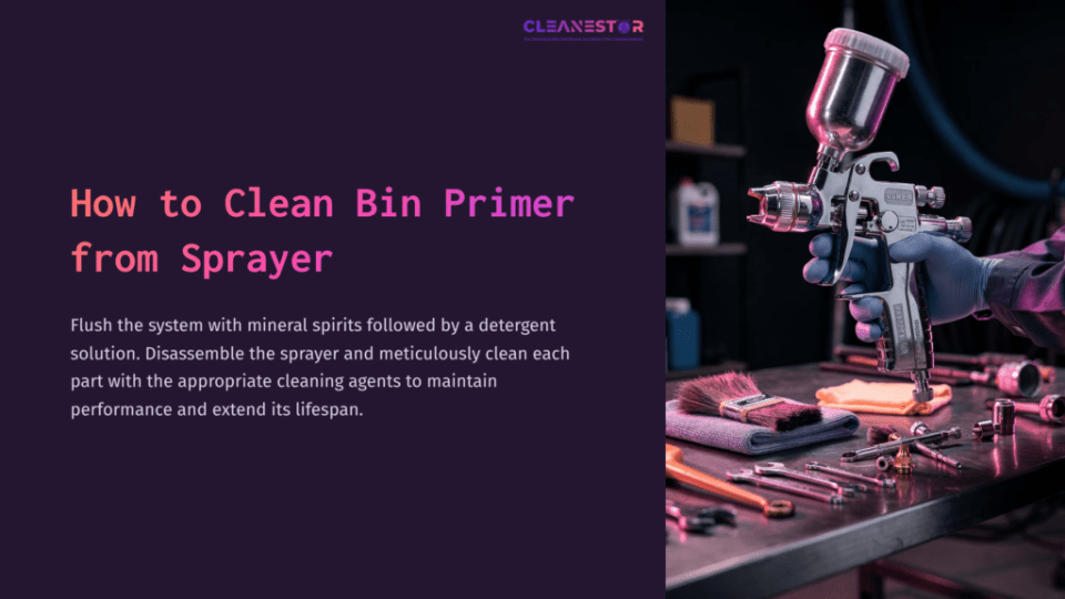 1 How To Clean Bin Primer From Sprayer A Person In Gloves Holds A Spray Gun Over A Workbench With Cleaning Tools And Materials, Featuring Purple And Dark Tones In The Background.