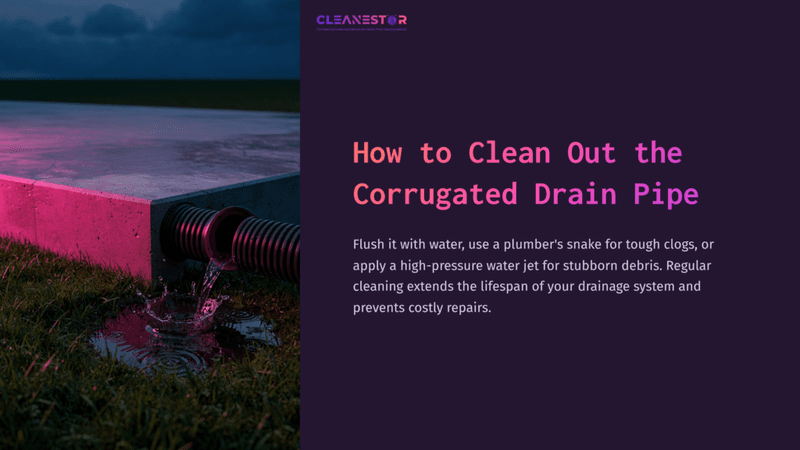 Corrugated Drain Pipe Discharging Water Beside A Concrete Slab In A Grassy Area, With A Vibrant Purple Background Highlighting Text.