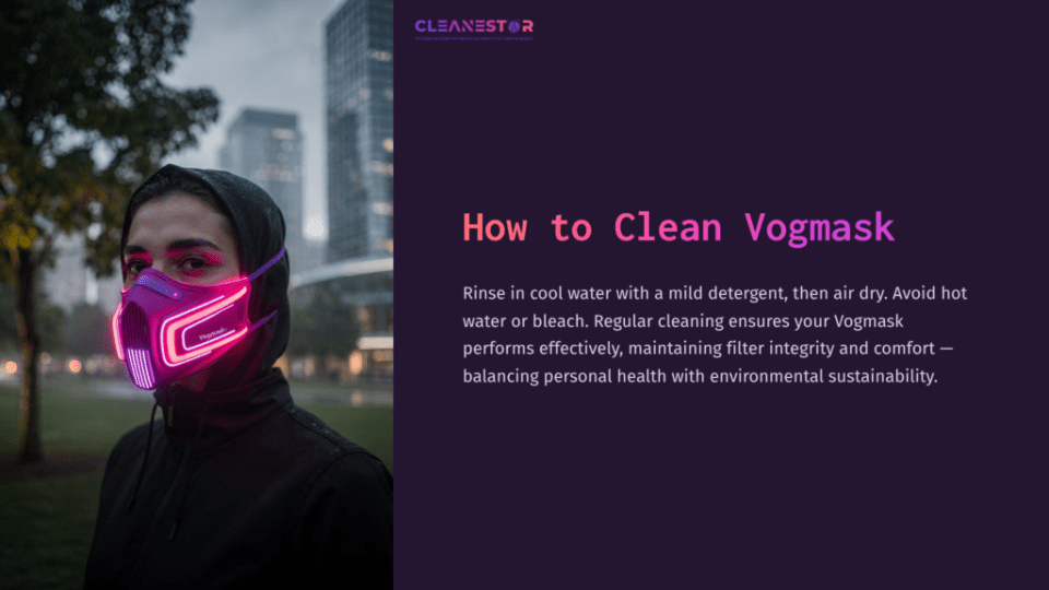 1 How To Clean Vogmask A Person Wearing A Stylish Mask With Neon Accents Stands In An Urban Setting, With Tall Buildings In The Background.