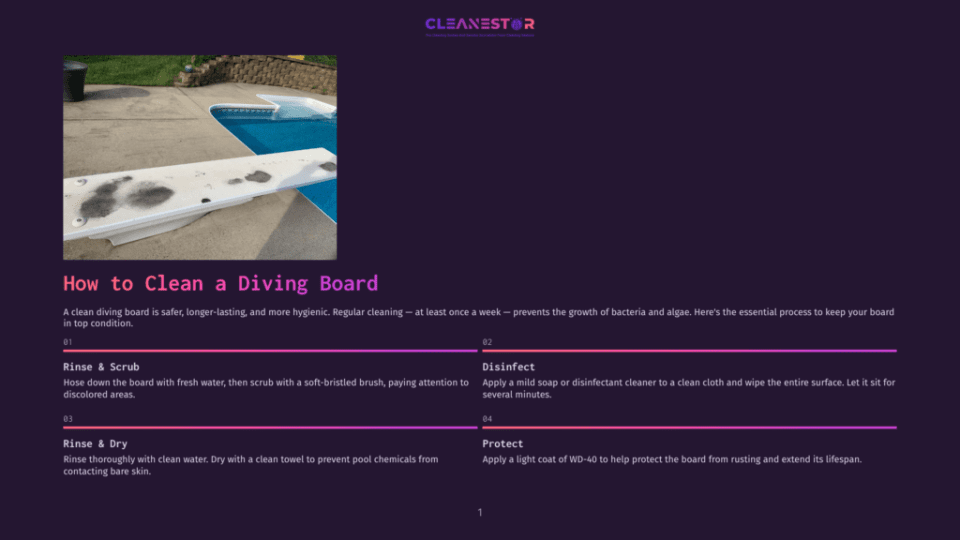 1 How To Clean A Diving Board A Dirty, Stained Diving Board Is Pictured Next To A Swimming Pool, With Instructions On How To Clean It Displayed On A Dark Background.
