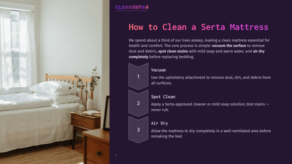 1 How To Clean A Serta Mattress A Clean And Tidy Bedroom With A Made Bed And A Wooden Nightstand, Featuring A Graphic Overlay With Instructions On How To Clean A Serta Mattress, Including Steps For Vacuuming, Spot Cleaning, And Air Drying.
