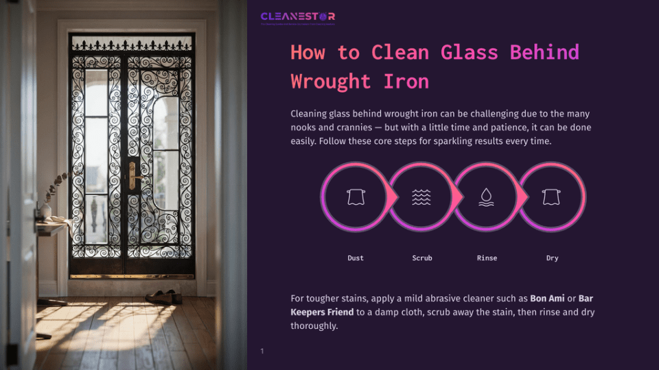 1 How To Clean Glass Behind Wrought Iron A Decorative Wrought Iron Gate With Intricate Scrollwork Frames A Glass Entryway, Leading Into A Well-Lit Hallway With Wooden Floors. The Image Is A Graphic Overlay With The Title &Quot;How To Clean Glass Behind Wrought Iron&Quot; And A Step-By-Step Cleaning Process Illustration.