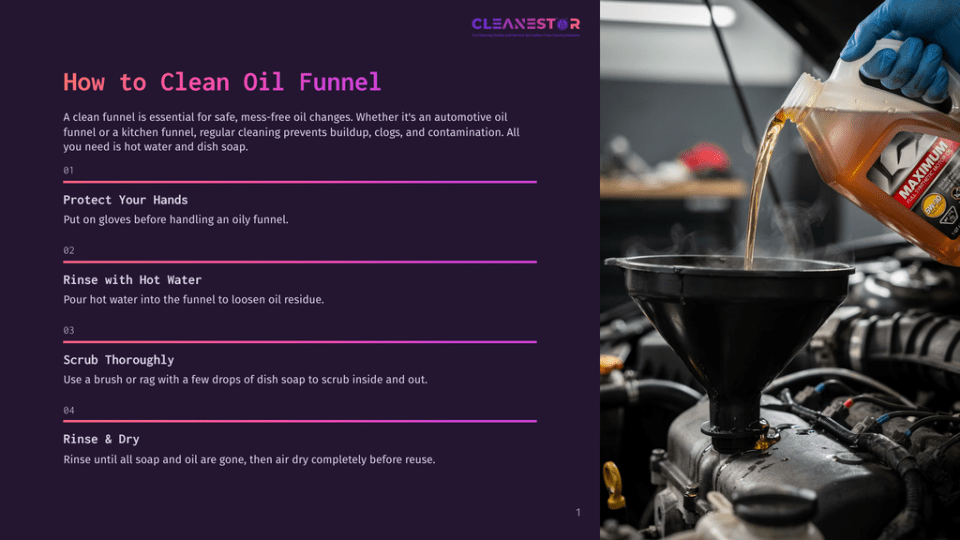 1 How To Clean Oil Funnel A Hand Pours Bright Orange Motor Oil From A White Jug With A Red Label Into A Black Funnel Placed In A Car Engine. The Funnel Is A Key Tool For Clean Oil Changes, As Described In The Text Overlay.