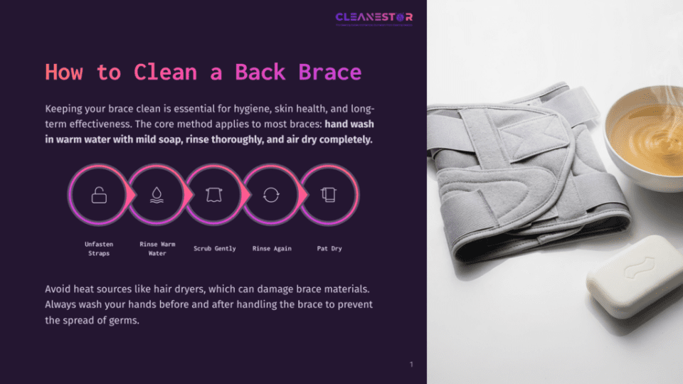 1 How To Clean A Back Brace A Gray Fabric Back Brace With Adjustable Straps Lies Next To A Bar Of White Soap And A Bowl Of Amber Liquid, Illustrating How To Clean A Back Brace.
