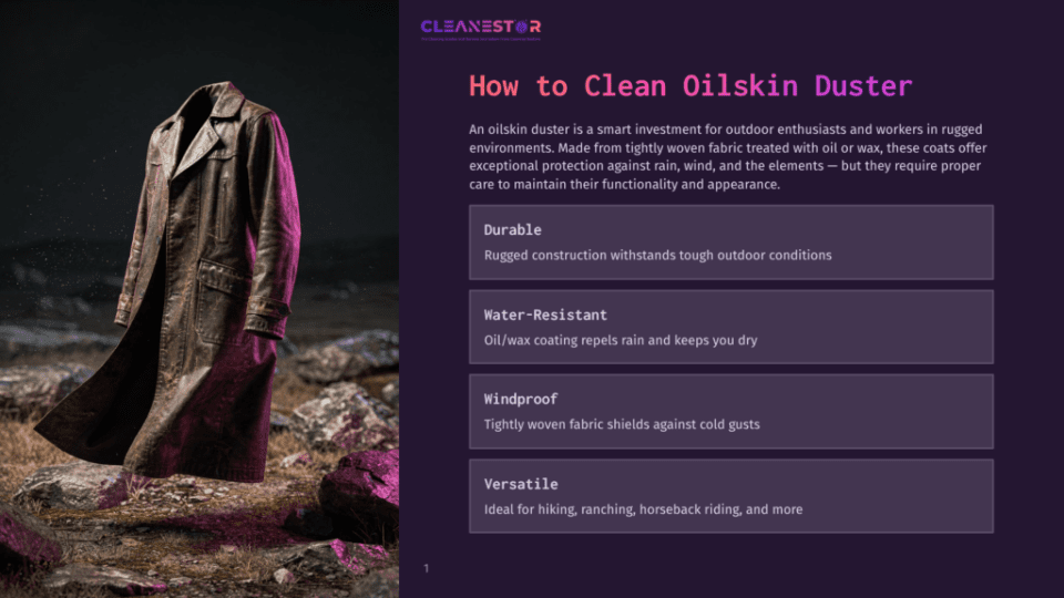 1 How To Clean Oilskin Duster A Vintage Brown Oilskin Duster Coat Hangs On A Display, Showcasing Its Durable, Water-Resistant, And Windproof Qualities, Ideal For Outdoor Adventures.
