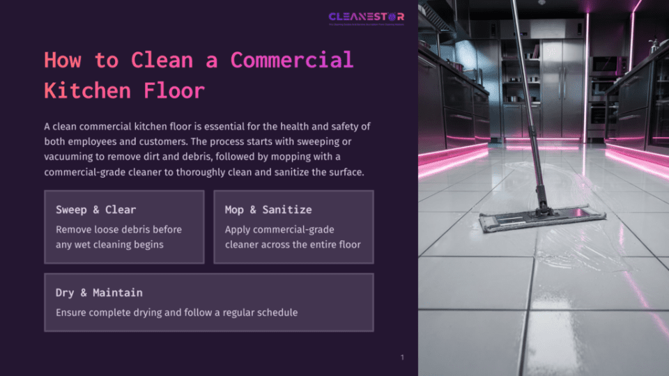 1 How To Clean A Commercial Kitchen Floor An Infographic Shows The Steps To Clean A Commercial Kitchen Floor, With A Mop And Cleaning Agent, And Pink Lights Illuminating The Scene.
