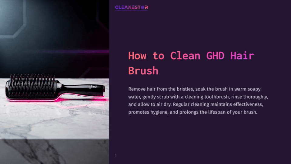 1 How To Clean Ghd Hair Brush A Black Ghd Hair Brush With Pink Neon Lighting Against A Marble Surface, With Text Overlay &Quot;How To Clean Ghd Hair Brush&Quot; And &Quot;Cleanestor&Quot;.