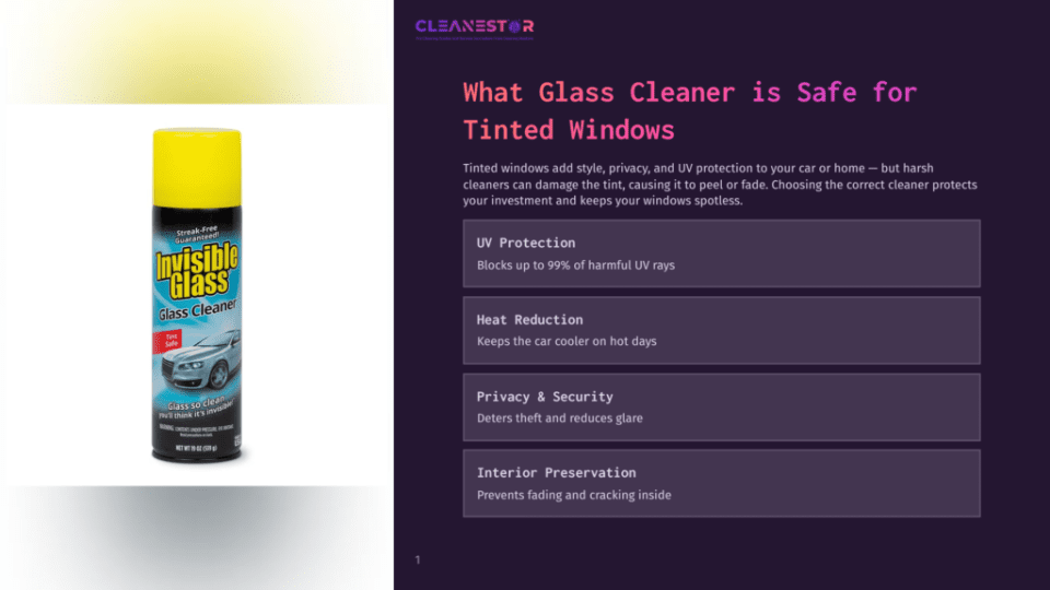 1 What Glass Cleaner Is Safe For Tinted Windows A Can Of &Quot;Invisible Glass&Quot; Glass Cleaner With A Yellow Cap, Featuring A Graphic Of A Car With Tinted Windows. The Text On The Can Reads &Quot;Streak-Free Guaranteed&Quot; And &Quot;Tint Safe&Quot;.