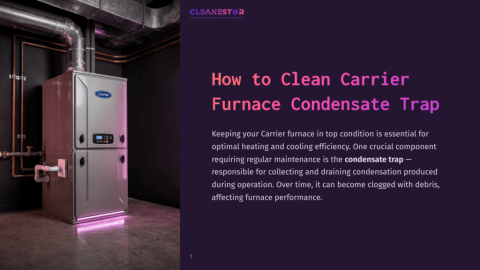 1 How To Clean Carrier Furnace Condensate Trap A Modern Carrier Furnace With Copper Pipes And A Condensate Trap, Illuminated By Purple Led Lights, Against A Dark Wall. The Text &Quot;Cleanestor&Quot; Is Visible At The Top.