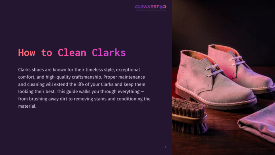 1 How To Clean Clarks A Pair Of Light Grey Suede Clarks Chukka Boots Sit On A Wooden Surface Next To A Brush And A Folded Cloth, Bathed In Soft Pink And Purple Light, With The Title &Quot;How To Clean Clarks&Quot; Visible On The Left.