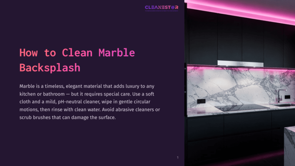 1 How To Clean Marble Backsplash Modern Kitchen With Black Cabinets, A White Marble Backsplash Illuminated By Pink Led Lights, And A Sleek Induction Stovetop.