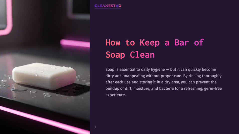 1 How To Keep A Bar Of Soap Clean A Clean Bar Of White Soap With Water Droplets On A Dark, Reflective Surface, With Soft Pink Neon Lighting In The Background. The Text &Quot;Cleanestor&Quot; Is Visible In The Top Left Corner.