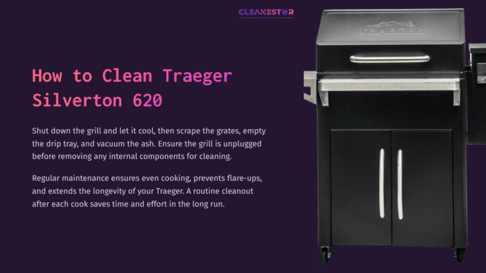 1 How To Clean Traeger Silverton 620 Black Traeger Silverton 620 Grill With A Stainless Steel Front, Displaying Grates And An Ash Tray, Set Against A Purple Background.