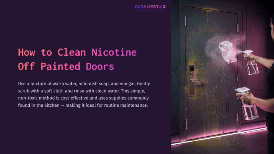 1 How To Clean Nicotine Off Painted Doors 1 A Person Sprays A Door With A Cleaning Solution, With Vibrant Splashes Of Color; Text Suggests Methods For Removing Nicotine From Painted Doors.