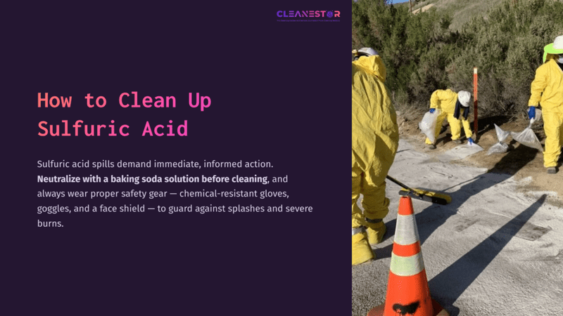1 How To Clean Up Sulfuric Acid Workers In Yellow Protective Suits And Gear Clean A Spill On A Paved Surface, With Orange Cones Marking The Area And Green Hillside In The Background.