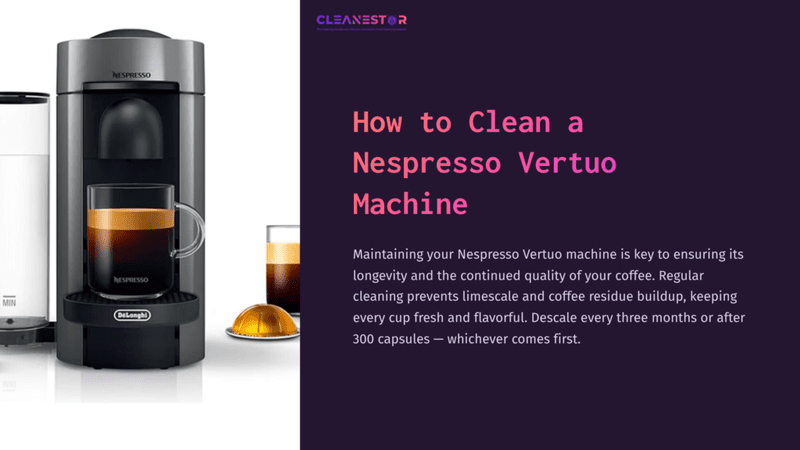 1 How To Clean A Nespresso Vertuo Machine 1 Nespresso Vertuo Machine In Sleek Black And Silver, With A Cup Of Coffee And A Coffee Pod Displayed Nearby, Against A Dark Background.