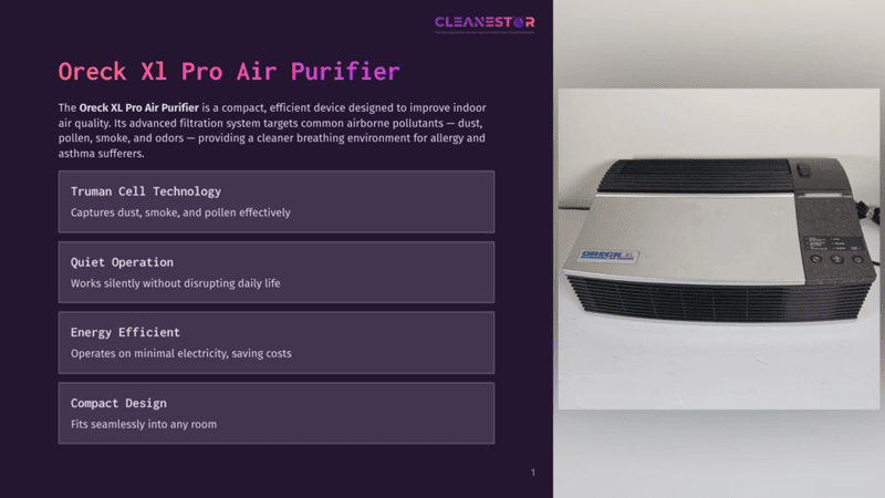 1 Oreck Xl Pro Air Purifier Oreck Xl Pro Air Purifier, A Sleek Black And Silver Appliance, Is Shown In A Close-Up On The Right, With A Dark Purple Slide On The Left Detailing Its Features: Truman Cell Technology, Quiet Operation, Energy Efficient, And Compact Design.