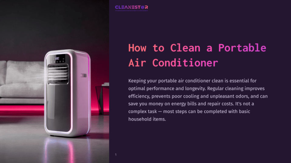 1 How To Clean A Portable Air Conditioner 1 A Modern White Portable Air Conditioner With A Sleek Design, Positioned Against A Dark Purple Background With Text Outlining Cleaning Tips.