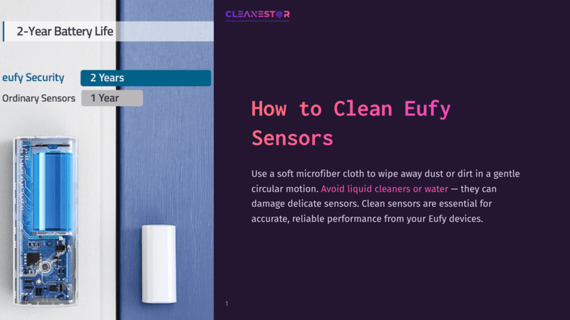 1 How To Clean Eufy Sensors Infographic On How To Clean Eufy Sensors. Features Eufy Battery Life And Sensor Information, With Instructions To Use A Soft Microfiber Cloth And Avoid Liquid Cleaners Or Water.