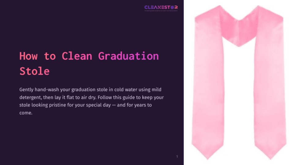 1 How To Clean Graduation Stole A Pink Graduation Stole Laid Flat On A White Background, Next To Text Explaining Cleaning Instructions.