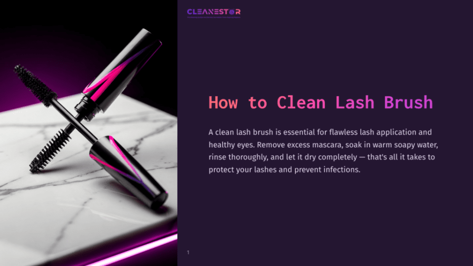 1 How To Clean Lash Brush A Black And Pink Mascara Wand With A Purple Ombre Design Rests On A White Marble Surface, Illuminated By Bright Pink Lighting. Text Reads &Quot;Cleanestor&Quot; And &Quot;How To Clean Lash Brush&Quot;.