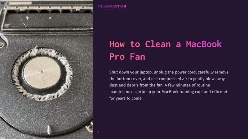 1 How To Clean A Macbook Pro Fan Close-Up Of A Macbook Pro Fan Showing Dust Accumulation Around The Edge, Set Against A Dark Background With Instructional Text.