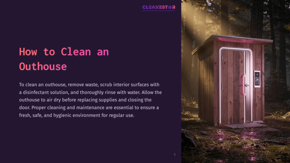 1 How To Clean An Outhouse A Wooden Outhouse With A Modern Door And A Foggy Forest Background, Illuminated By Sunlight Filtering Through Trees.