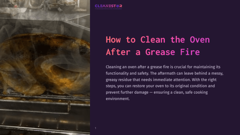 1 How To Clean The Oven After A Grease Fire A Whole Roasted Turkey, Glistening And Browned, Sits On A Rack Inside A Smoky Oven. Text Overlay Reads &Quot;Cleanestor: How To Clean The Oven After A Grease Fire.