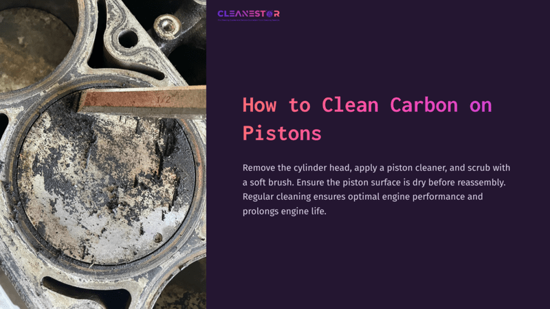 1 How To Clean Carbon On Pistons Close-Up Of A Dirty Piston With Carbon Buildup, Showing A Metal Tool And Brush For Cleaning. Dark Background Highlights The Details.