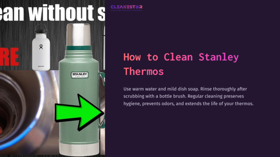 1 How To Clean Stanley Thermos Light Green Stanley Thermos Next To A Stainless Steel Cleaning Brush, With A Bold Arrow Pointing Towards The Thermos On A Dark Background.
