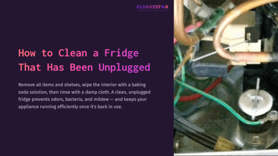1 How To Clean A Fridge That Has Been Unplugged Close-Up Of A Fridge Interior Showing Wires And Components, With A Focus On Cleaning Supplies And Hints Of Moisture.