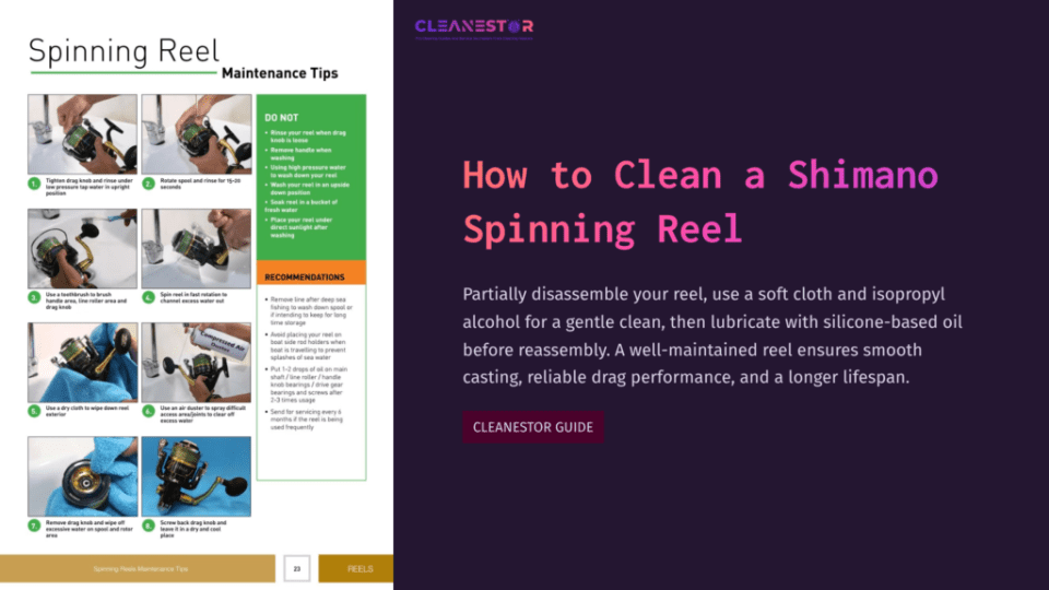 1 How To Clean A Shimano Spinning Reel Collage Of Cleaning Tips For A Shimano Spinning Reel, Featuring Tools, Images Of The Reel, And Step-By-Step Instructions In Vibrant Colors.
