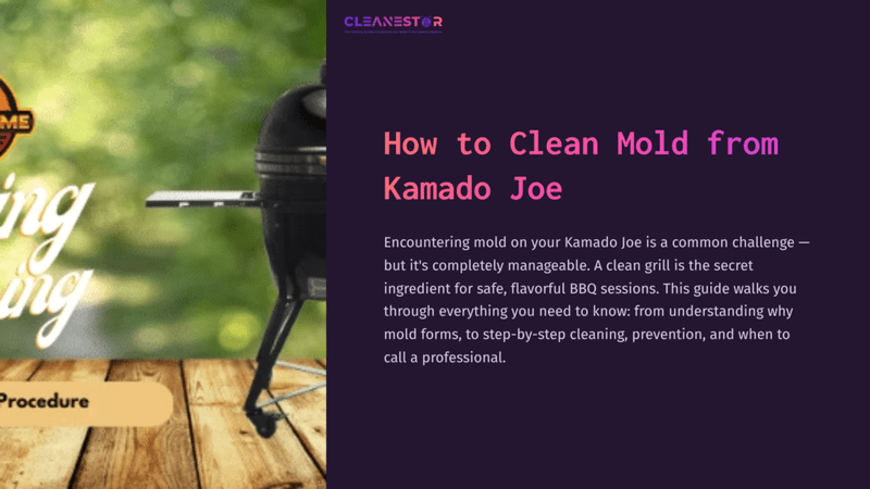 1 How To Clean Mold From Kamado Joe 1 A Kamado Joe Grill On A Wooden Surface, Set Against A Blurred Green Background, With Text About Cleaning Mold From The Grill.