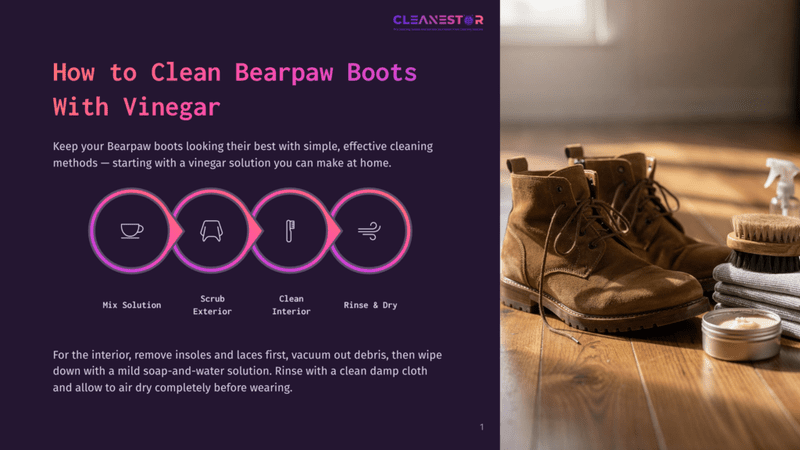 1 How To Clean Bearpaw Boots With Vinegar A Pair Of Tan Bearpaw Boots Sits On A Wooden Floor Next To Cleaning Supplies, Including Brushes And A Cloth. The Image Also Features A Graphic Illustrating How To Clean Bearpaw Boots With Vinegar.