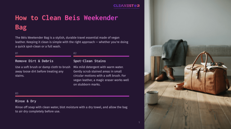 1 How To Clean Beis Weekender Bag A Stylish Brown Vegan Leather Beis Weekender Bag Sits On A Wooden Floor Next To A Pair Of Brown Leather Shoes And A Folded Grey Blazer. A White Mug Is Also Visible In The Foreground.