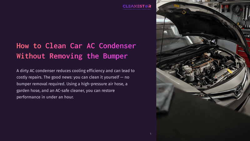 1 How To Clean Car Ac Condenser Without Removing The Bumper A Car'S Engine Bay With The Hood Open, Showing The Ac Condenser And Various Engine Components. Text Overlay Reads &Quot;Cleanestor&Quot; And &Quot;How To Clean Car Ac Condenser Without Removing The Bumper&Quot;.