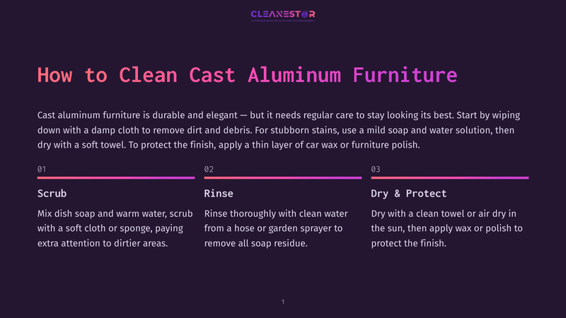 1 How To Clean Cast Aluminum Furniture Infographic Titled &Quot;How To Clean Cast Aluminum Furniture&Quot; With Numbered Steps: Scrub, Rinse, And Dry &Amp; Protect, Offering Cleaning Tips.