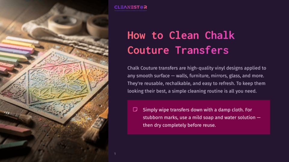 1 How To Clean Chalk Couture Transfers Close-Up Of A Chalk Couture Transfer With A Floral And Geometric Design, Colored With Rainbow Chalk Pastels On A Wooden Surface. Brushes And Tape Are In The Background.